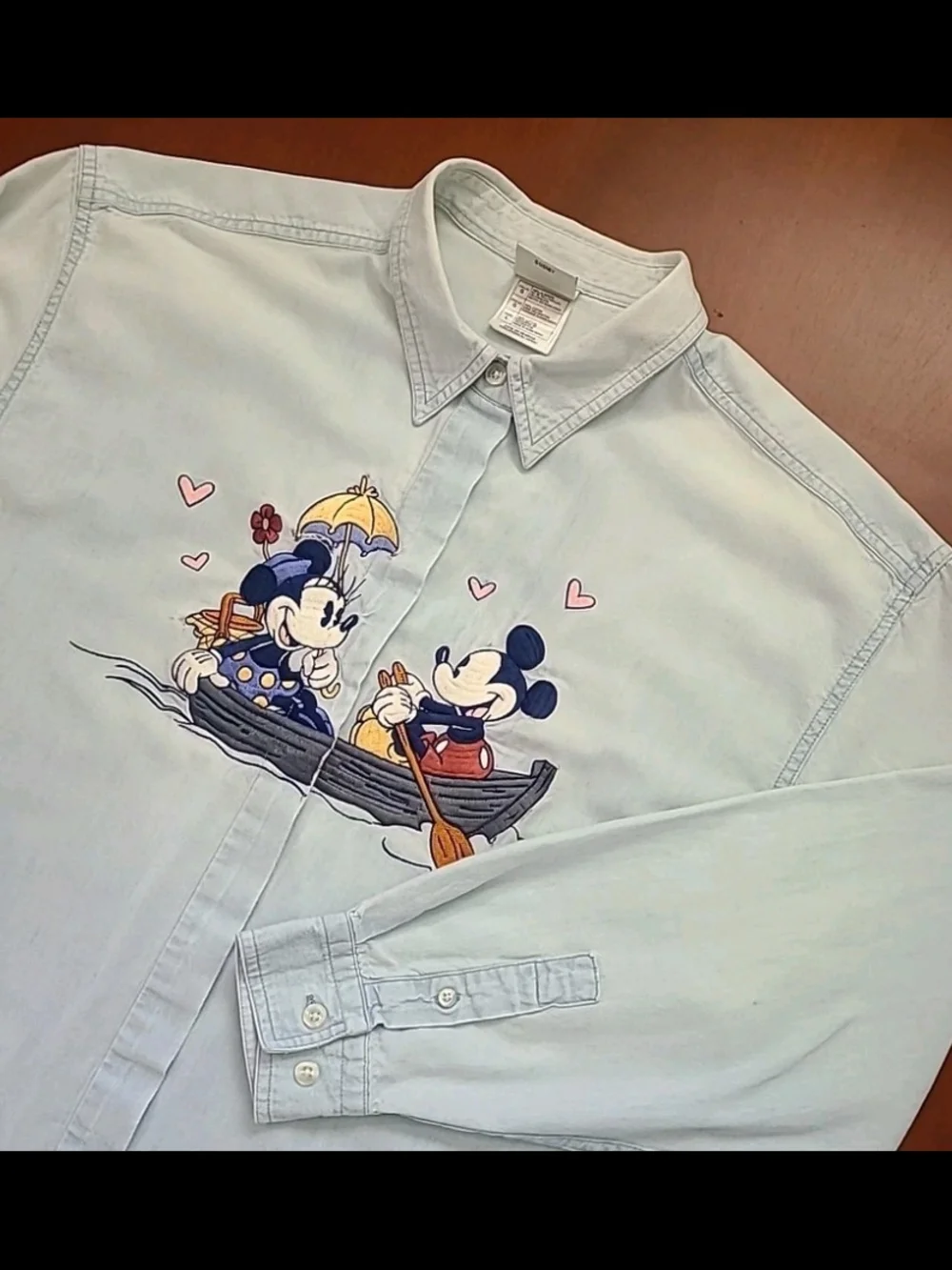 VTG Disney Store Large Embroidered Denim Shirt Mickey/ Minnie Mouse Rowing Boat - Picture 4 of 15